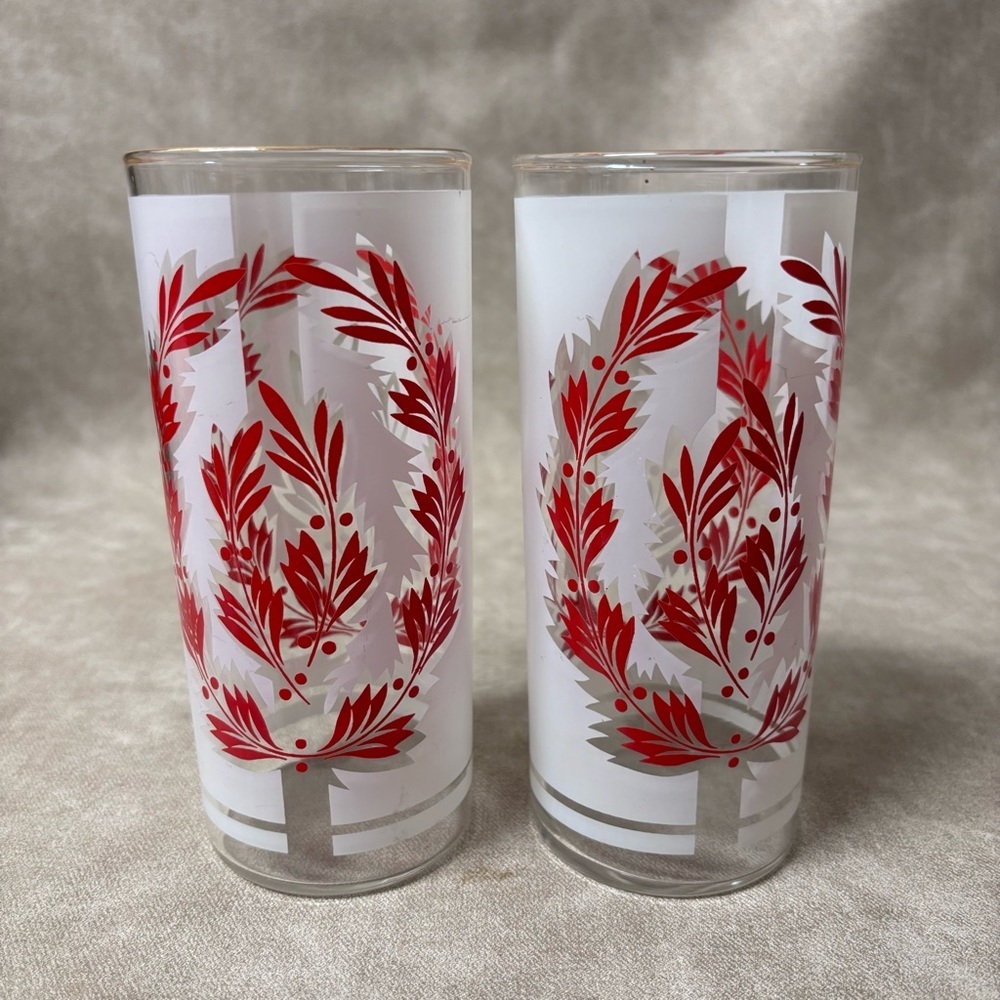2 MCM Vintage Red Gold Leaf Frosted Tall Glasses Tumblers